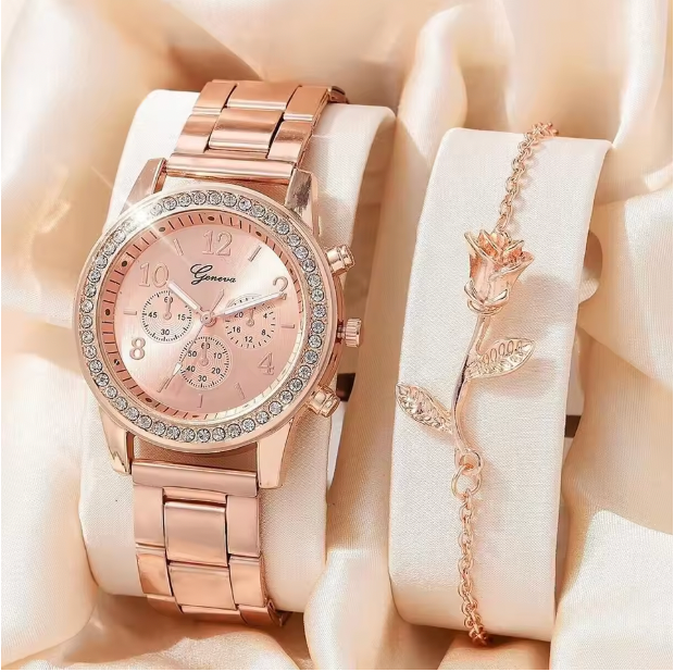 Clarabella Luxury Set - Women Fashion Silver Round 3 Eyes Alloy Strap Wristwatch Gift Rhinestone Watch For Women Jewelry Set