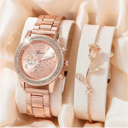 Clarabella Luxury Set - Women Fashion Silver Round 3 Eyes Alloy Strap Wristwatch Gift Rhinestone Watch For Women Jewelry Set