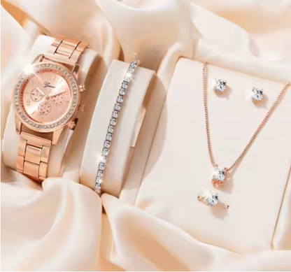 Clarabella Luxury Set - Women Fashion Silver Round 3 Eyes Alloy Strap Wristwatch Gift Rhinestone Watch For Women Jewelry Set