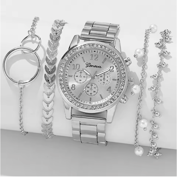 Clarabella Luxury Set - Women Fashion Silver Round 3 Eyes Alloy Strap Wristwatch Gift Rhinestone Watch For Women Jewelry Set