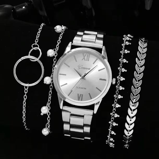 Clarabella Luxury Set - Women Fashion Silver Round 3 Eyes Alloy Strap Wristwatch Gift Rhinestone Watch For Women Jewelry Set
