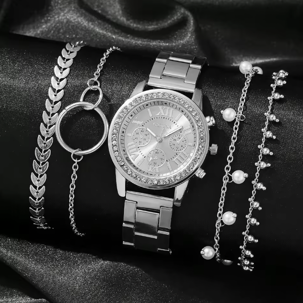 Clarabella Luxury Set - Women Fashion Silver Round 3 Eyes Alloy Strap Wristwatch Gift Rhinestone Watch For Women Jewelry Set
