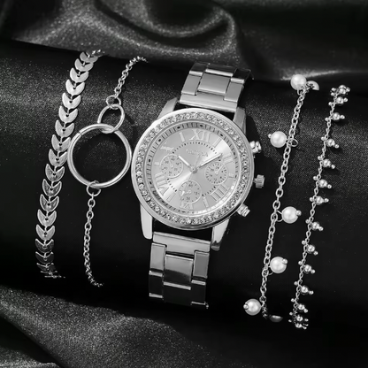 Clarabella Luxury Set - Women Fashion Silver Round 3 Eyes Alloy Strap Wristwatch Gift Rhinestone Watch For Women Jewelry Set