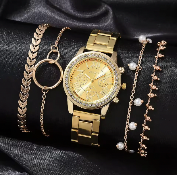 Clarabella Luxury Set - Women Fashion Silver Round 3 Eyes Alloy Strap Wristwatch Gift Rhinestone Watch For Women Jewelry Set
