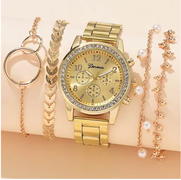 Clarabella Luxury Set - Women Fashion Silver Round 3 Eyes Alloy Strap Wristwatch Gift Rhinestone Watch For Women Jewelry Set