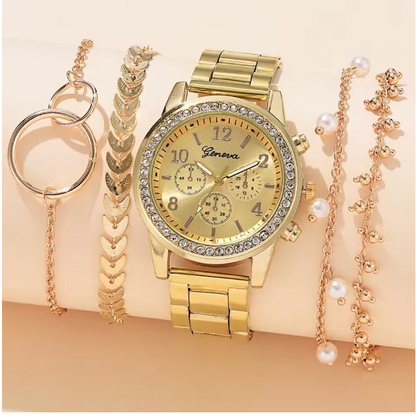 Clarabella Luxury Set - Women Fashion Silver Round 3 Eyes Alloy Strap Wristwatch Gift Rhinestone Watch For Women Jewelry Set