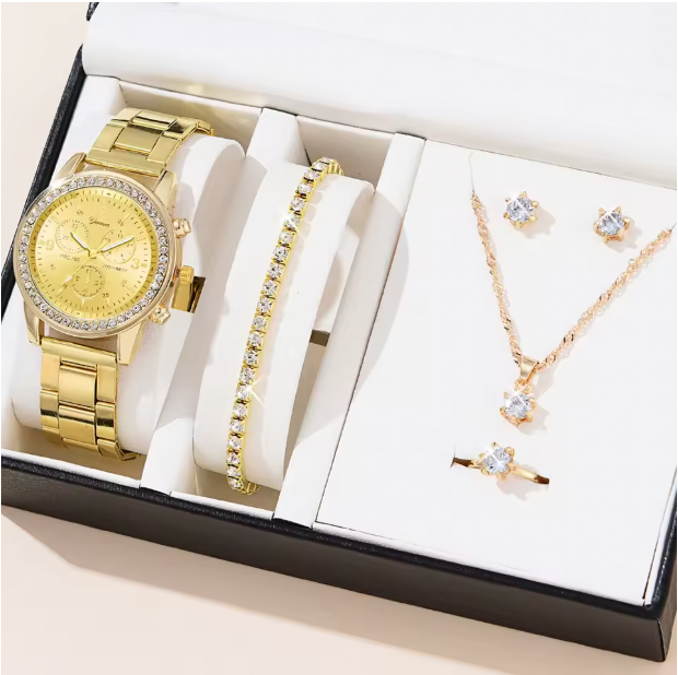Clarabella Luxury Set - Women Fashion Silver Round 3 Eyes Alloy Strap Wristwatch Gift Rhinestone Watch For Women Jewelry Set