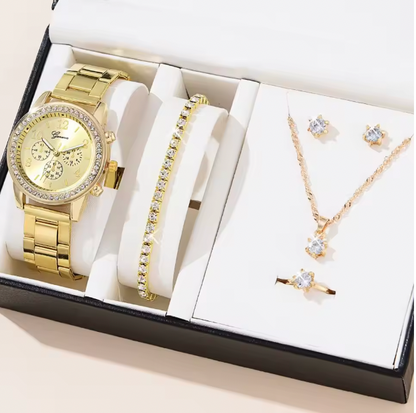 Clarabella Luxury Set - Women Fashion Silver Round 3 Eyes Alloy Strap Wristwatch Gift Rhinestone Watch For Women Jewelry Set