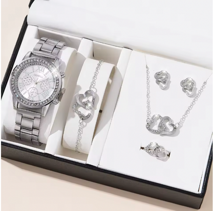 Clarabella Luxury Set - Women Fashion Silver Round 3 Eyes Alloy Strap Wristwatch Gift Rhinestone Watch For Women Jewelry Set