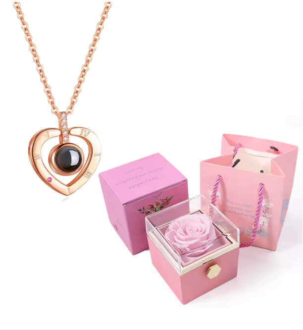 100 Languages I Love You Projection Necklace With Rotating Rose Gift Box 2024 New Creativity Design Romantic Luxury Jewelry Set