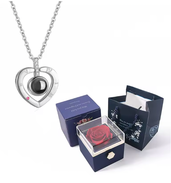 100 Languages I Love You Projection Necklace With Rotating Rose Gift Box 2024 New Creativity Design Romantic Luxury Jewelry Set