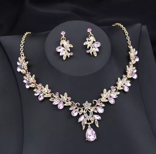 Violetta Exquisite 2 pcs Set - Flower Pink Crystal bridal wedding jewelry sets for women