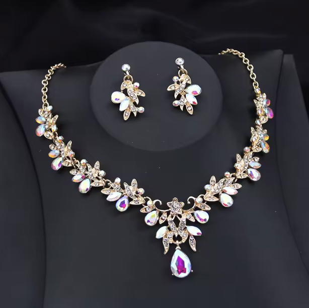 Violetta Exquisite 2 pcs Set - Flower Pink Crystal bridal wedding jewelry sets for women