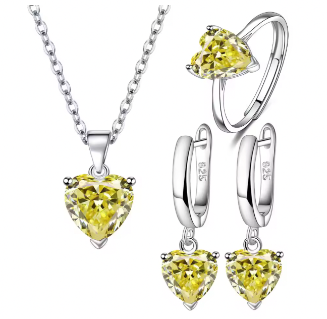 Violetta  925 Sterling Silver Jewelry Sets - Heart Zircon Ring Earrings Necklace Wedding Bridal Elegant Set