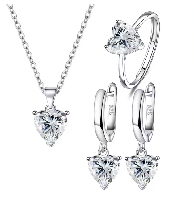 Violetta  925 Sterling Silver Jewelry Sets - Heart Zircon Ring Earrings Necklace Wedding Bridal Elegant Set