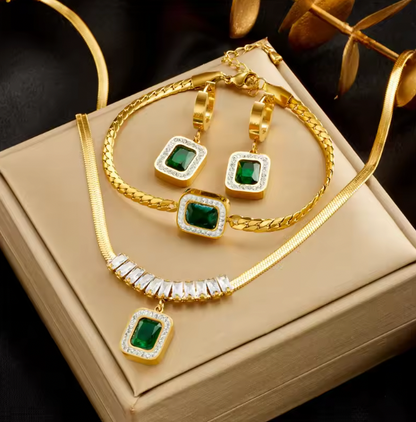 Gemma Luxury Set - Green Crystal Zircon Pendant Necklace Earrings Jewelry Set For Women