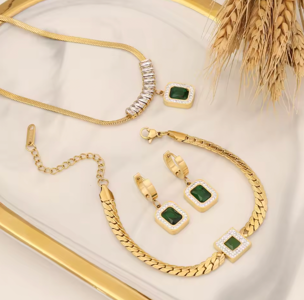 Gemma Luxury Set - Green Crystal Zircon Pendant Necklace Earrings Jewelry Set For Women