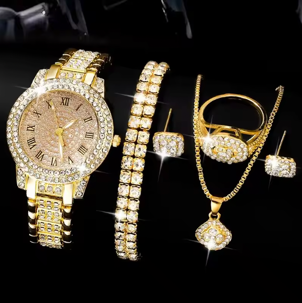 Wilhelmina. Rhinestone Luxury Set - Golden Watch Women Ring Necklace Earrings Wristwatch Female