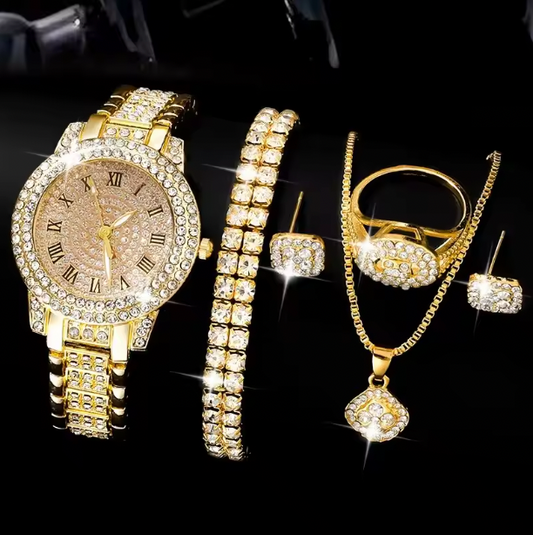 Wilhelmina. Rhinestone Luxury Set - Golden Watch Women Ring Necklace Earrings Wristwatch Female