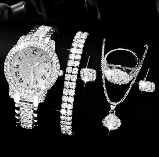 Wilhelmina. Rhinestone Luxury Set - Golden Watch Women Ring Necklace Earrings Wristwatch Female