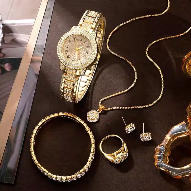 Wilhelmina. Rhinestone Luxury Set - Golden Watch Women Ring Necklace Earrings Wristwatch Female