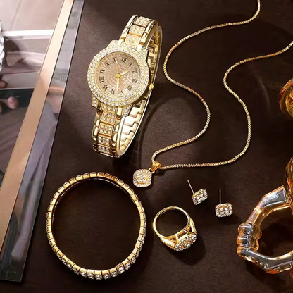 Wilhelmina. Rhinestone Luxury Set - Golden Watch Women Ring Necklace Earrings Wristwatch Female