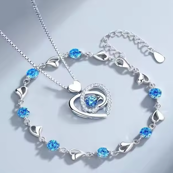 Aria 925 Sterling Silver Set - Heart Shaped Necklace Bracelet Set for Women