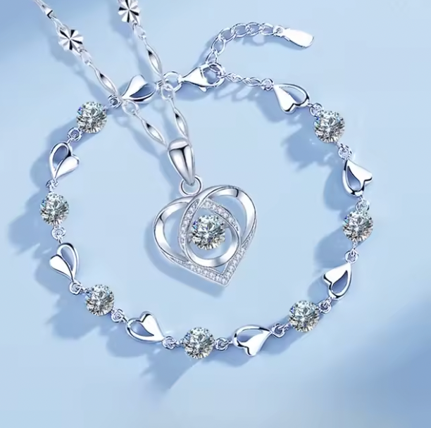 Aria 925 Sterling Silver Set - Heart Shaped Necklace Bracelet Set for Women