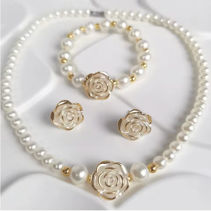 Maricia Pearl Set - Rose Charm Imitation Pearl Necklace Bracelet Earring Stud Set