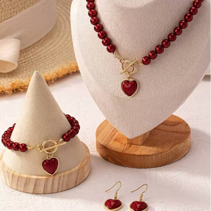 Maricia Pearl Set - Rose Charm Imitation Pearl Necklace Bracelet Earring Stud Set