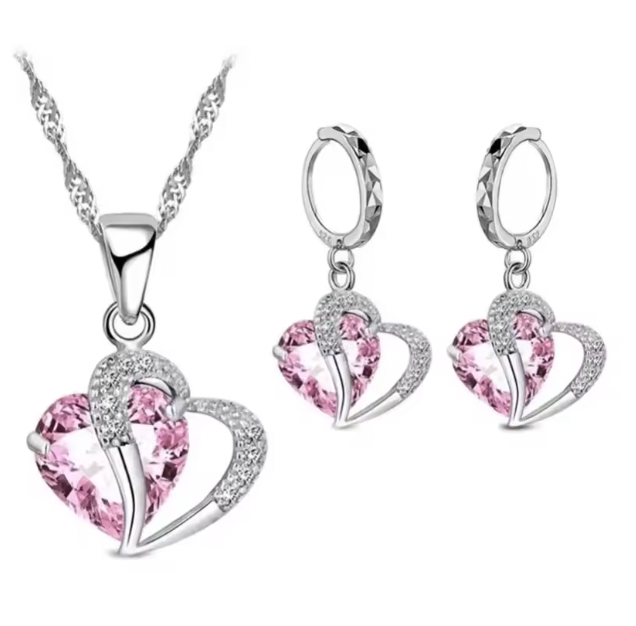 Roxanne Luxury Women Set - 925 Sterling Silver Cubic Zircon Necklace Pendant Earrings Sets Cartilage Piercing Jewelry Wedding Heart Design