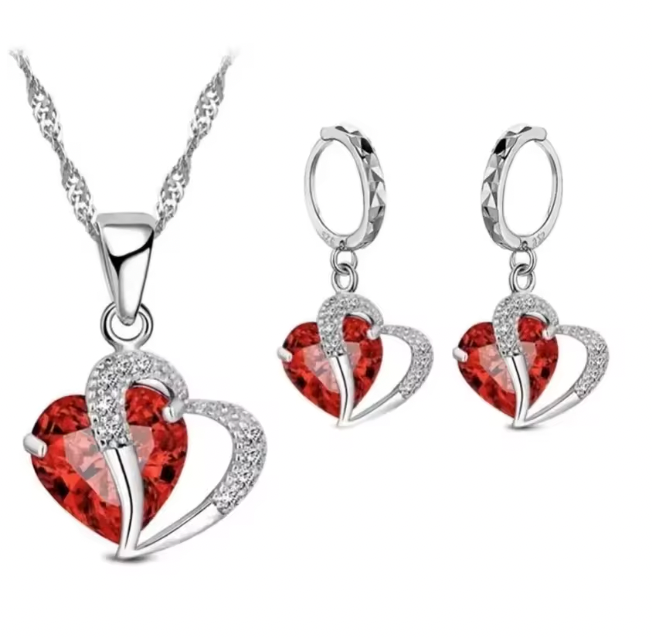 Roxanne Luxury Women Set - 925 Sterling Silver Cubic Zircon Necklace Pendant Earrings Sets Cartilage Piercing Jewelry Wedding Heart Design