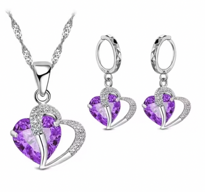 Roxanne Luxury Women Set - 925 Sterling Silver Cubic Zircon Necklace Pendant Earrings Sets Cartilage Piercing Jewelry Wedding Heart Design