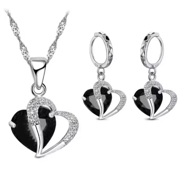 Roxanne Luxury Women Set - 925 Sterling Silver Cubic Zircon Necklace Pendant Earrings Sets Cartilage Piercing Jewelry Wedding Heart Design