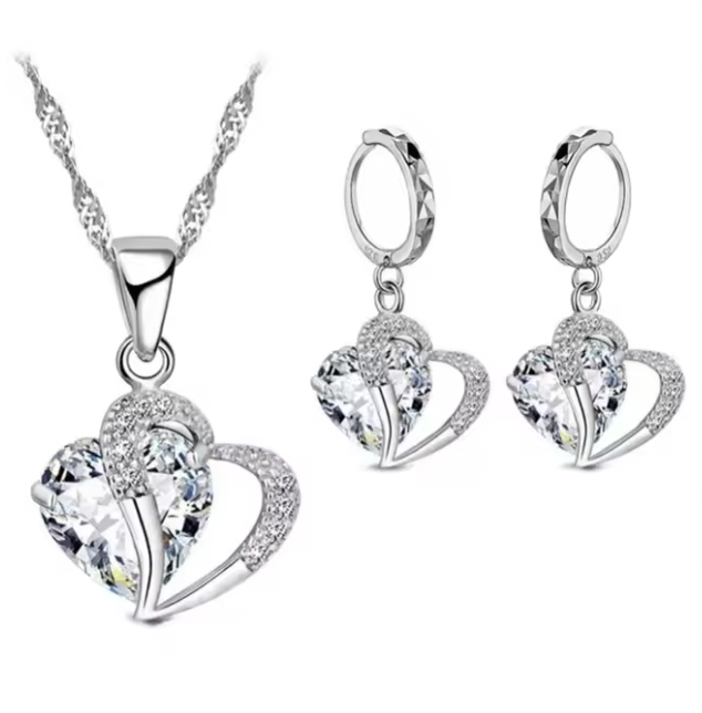 Roxanne Luxury Women Set - 925 Sterling Silver Cubic Zircon Necklace Pendant Earrings Sets Cartilage Piercing Jewelry Wedding Heart Design