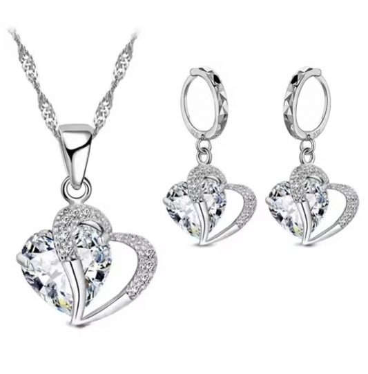 Roxanne Luxury Women Set - 925 Sterling Silver Cubic Zircon Necklace Pendant Earrings Sets Cartilage Piercing Jewelry Wedding Heart Design