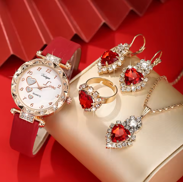 Alora Luxury Women Set - Trendy and versatile college light luxury leather with diamond inlaid wrist watch, love quartz watch