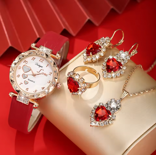 Alora Luxury Women Set - Trendy and versatile college light luxury leather with diamond inlaid wrist watch, love quartz watch