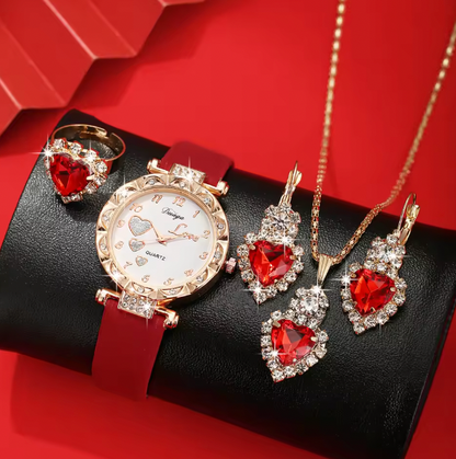 Alora Luxury Women Set - Trendy and versatile college light luxury leather with diamond inlaid wrist watch, love quartz watch