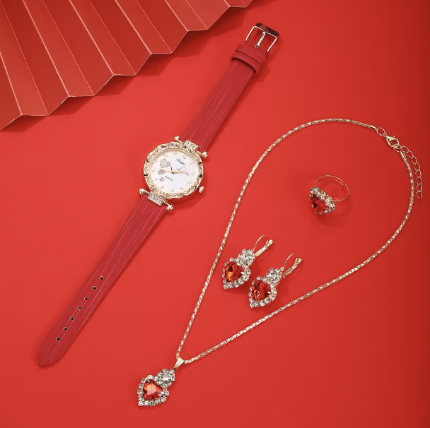 Alora Luxury Women Set - Trendy and versatile college light luxury leather with diamond inlaid wrist watch, love quartz watch