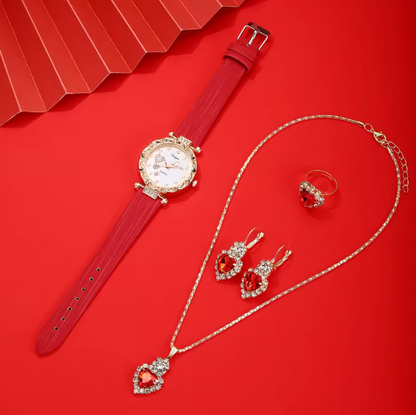 Alora Luxury Women Set - Trendy and versatile college light luxury leather with diamond inlaid wrist watch, love quartz watch