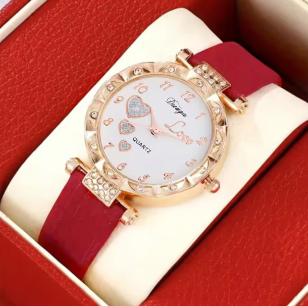 Alora Luxury Women Set - Trendy and versatile college light luxury leather with diamond inlaid wrist watch, love quartz watch