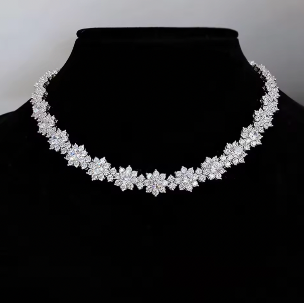 Saoirse Flower Full Moissanite Set - Diamond Necklaces with Gra Certificate 925 Silver Neckchain for Women Bride Wedding Luxury Jewelry Set