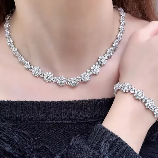 Saoirse Flower Full Moissanite Set - Diamond Necklaces with Gra Certificate 925 Silver Neckchain for Women Bride Wedding Luxury Jewelry Set