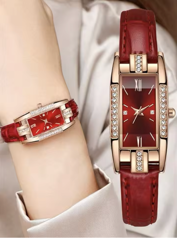 Misha Luxury Set For Women - Rectangle Watches Ladies Business Green Leather Quartz Watch Womens Necklace Earrings Bracelet Wristwatch