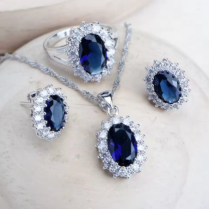 Sadie Silver 925 Women Bridal Jewelry Sets - Blue Zirconia Costume Fine Jewellery Wedding Necklace Earrings Rings Bracelets Pendant Set