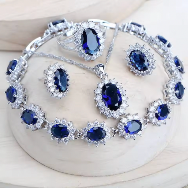 Sadie Silver 925 Women Bridal Jewelry Sets - Blue Zirconia Costume Fine Jewellery Wedding Necklace Earrings Rings Bracelets Pendant Set
