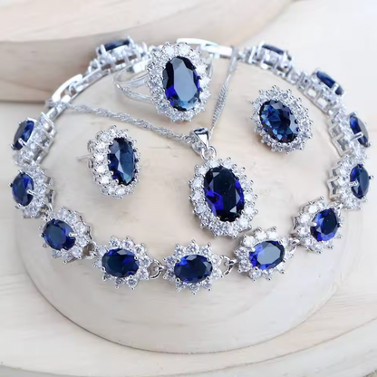 Sadie Silver 925 Women Bridal Jewelry Sets - Blue Zirconia Costume Fine Jewellery Wedding Necklace Earrings Rings Bracelets Pendant Set