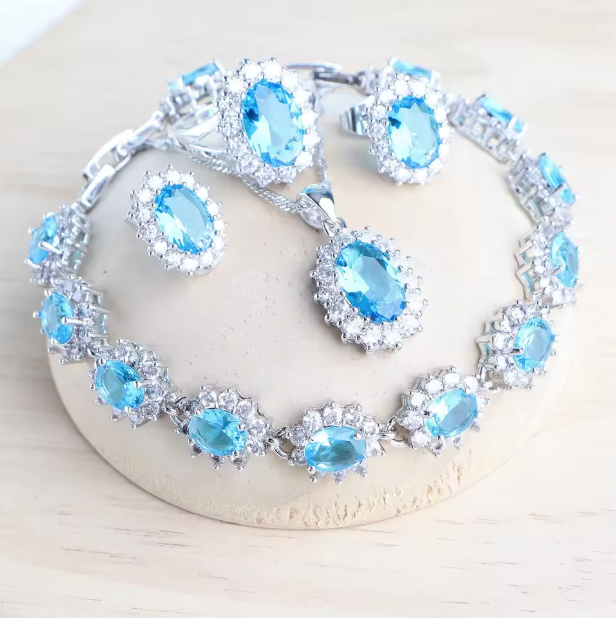 Sadie Silver 925 Women Bridal Jewelry Sets - Blue Zirconia Costume Fine Jewellery Wedding Necklace Earrings Rings Bracelets Pendant Set