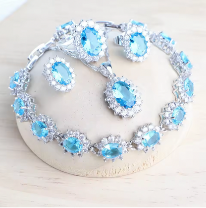 Sadie Silver 925 Women Bridal Jewelry Sets - Blue Zirconia Costume Fine Jewellery Wedding Necklace Earrings Rings Bracelets Pendant Set
